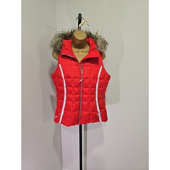 Eddie Bauer Premium Goose Down Puffer Vest Womens XS Thick Red Faux Fur Trim - Picture 8 of 8